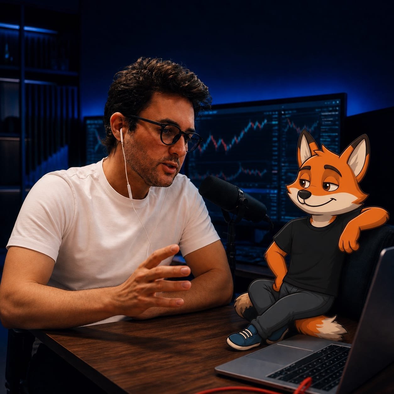 Rafa Mascarenhas e a raposa mascote da TakeCap em uma sala de trading