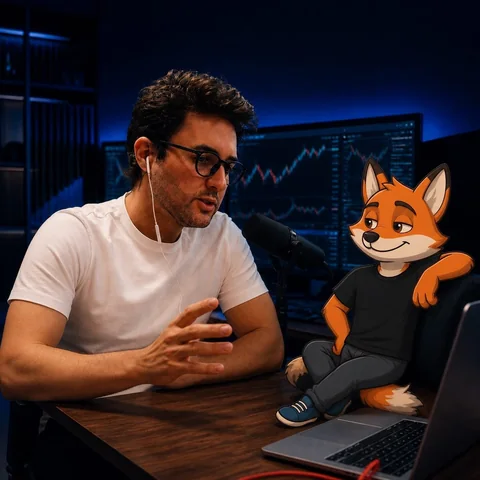Rafa Mascarenhas e a raposa mascote da TakeCap em uma sala de trading